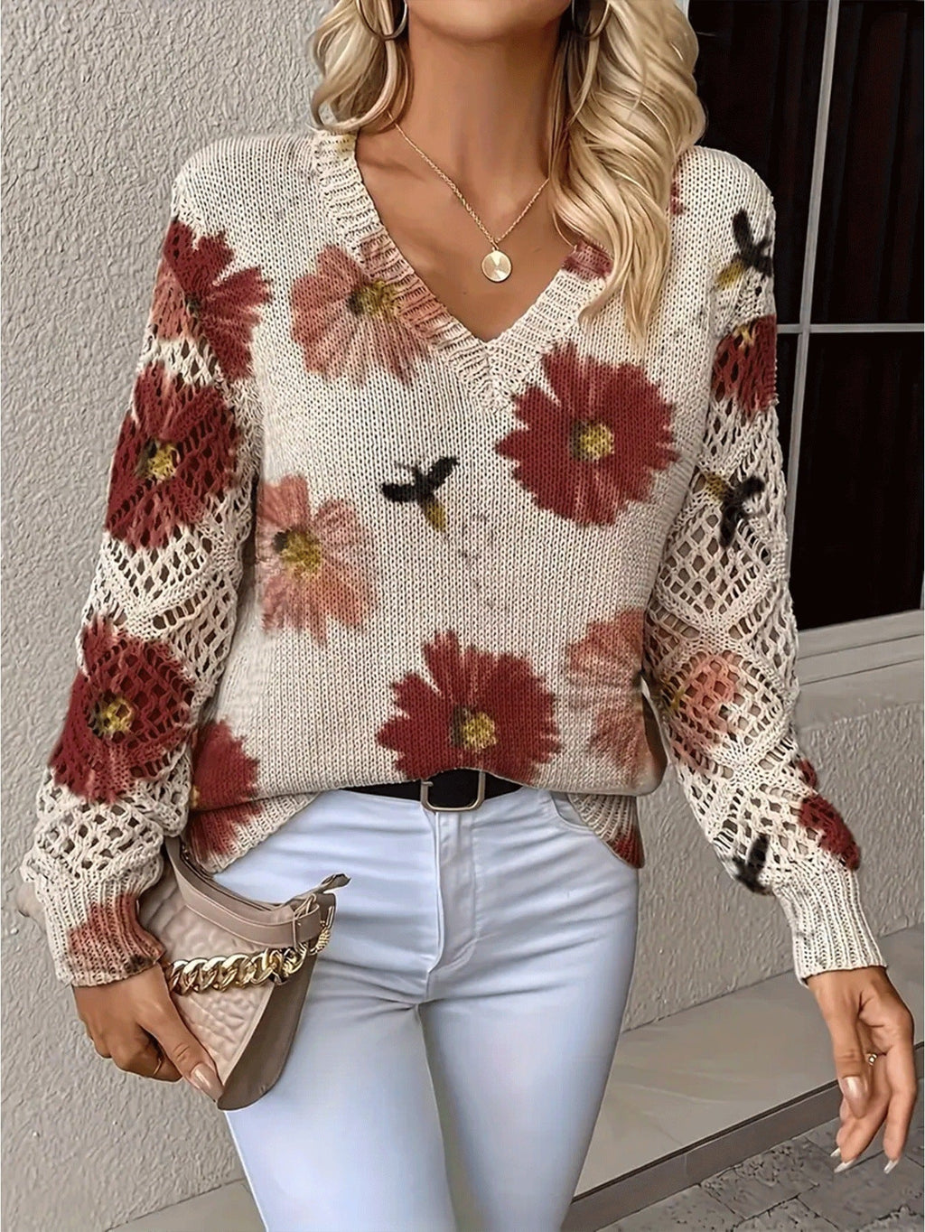 Women's Floral Print Knit Jumper with Crochet Sleeves and V-Neckline, Red, view 1