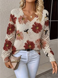Women's Floral Print Knit Jumper with Crochet Sleeves and V-Neckline, Red, view 1