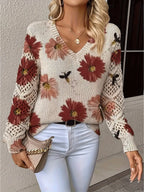 Women's Floral Print Knit Jumper with Crochet Sleeves and V-Neckline, Red, view 1