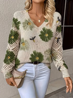 Women's Floral Print Knit Jumper with Crochet Sleeves and V-Neckline, Green, view 2