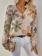 Women's Floral Print Knit Jumper with Crochet Sleeves and V-Neckline, Purple, view 3