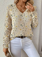 Women's Floral Print Knit Jumper with Crochet Sleeves and V-Neckline, Yellow, view 4