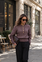Women's Fluffy Henley Jumper with Gold Crest Buttons, Dark Purple, view 1
