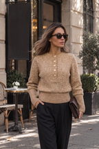 Women's Fluffy Henley Jumper with Gold Crest Buttons, Khaki, view 4