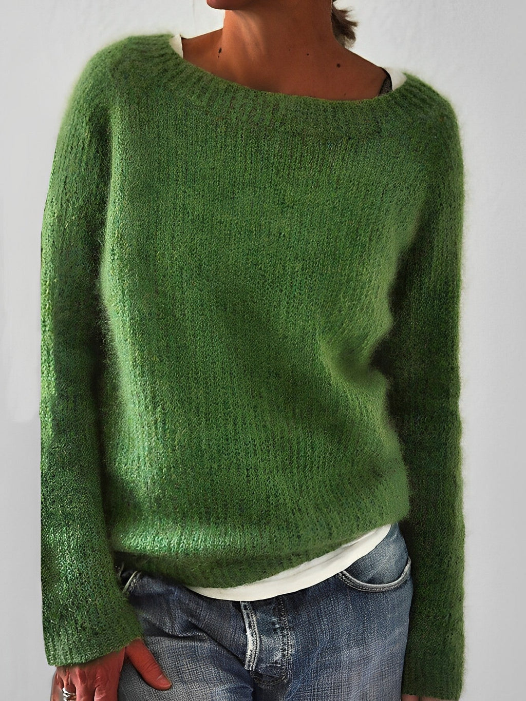 Women's Fluffy Knit Jumper with Wide Round Neckline, Green, view 1