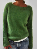 Women's Fluffy Knit Jumper with Wide Round Neckline, Green, view 1