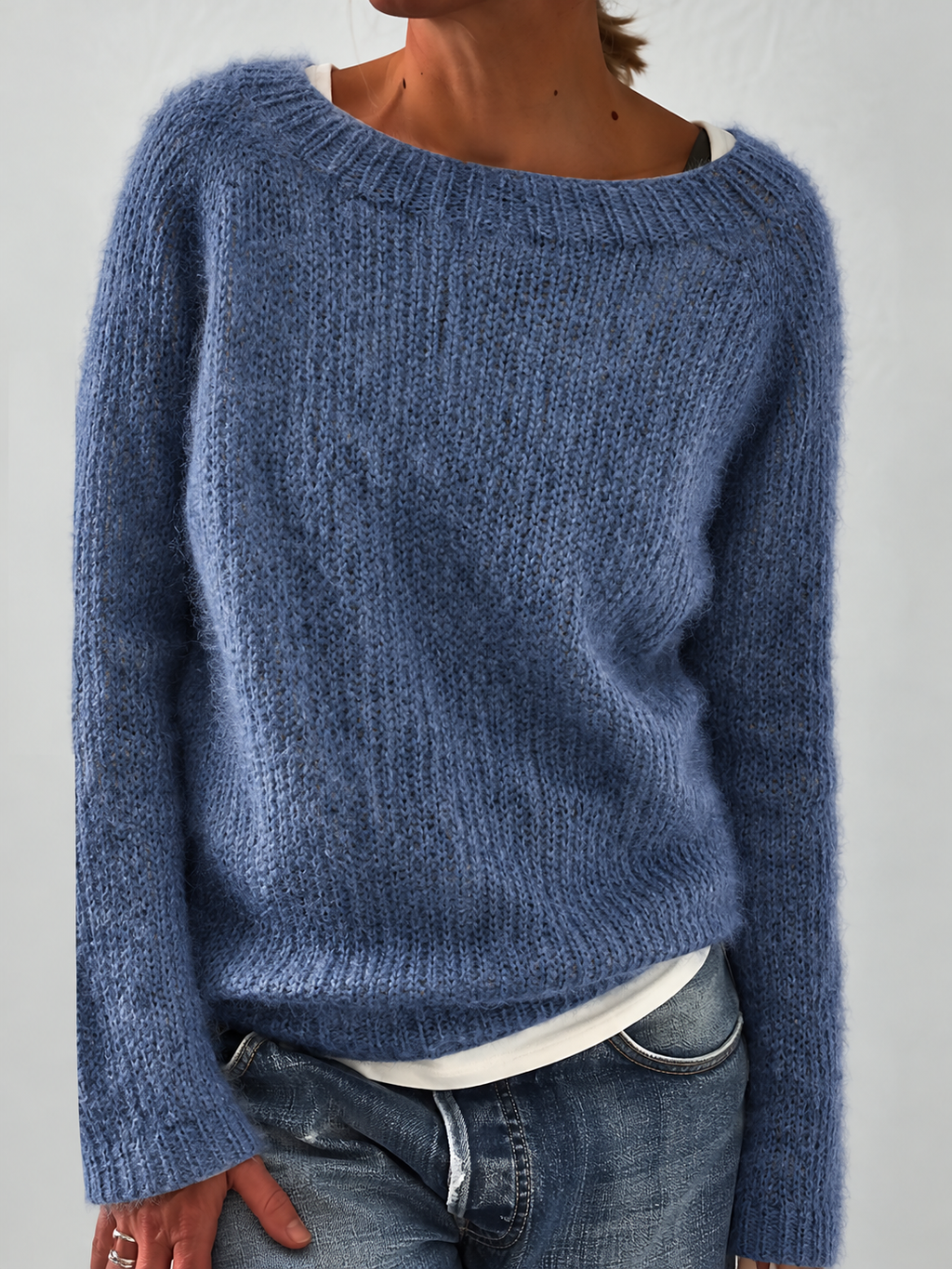 Women's Fluffy Knit Jumper with Wide Round Neckline, Blue, view 2