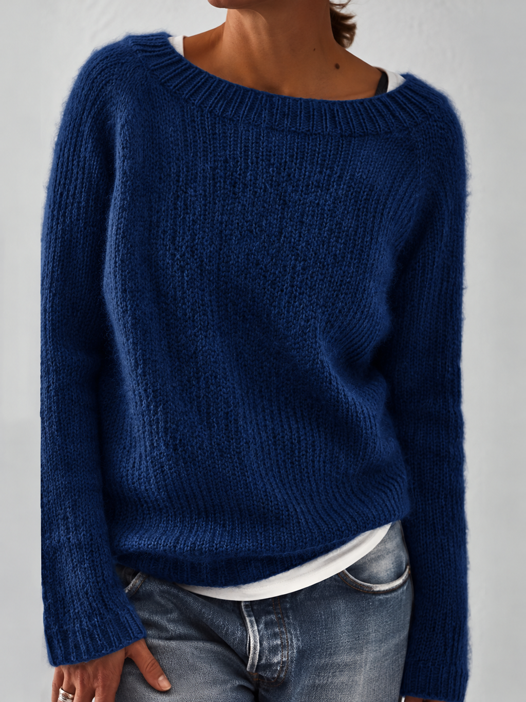 Women's Fluffy Knit Jumper with Wide Round Neckline, Dark Blue, view 3