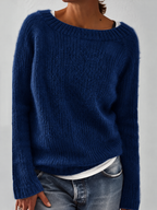 Women's Fluffy Knit Jumper with Wide Round Neckline, Dark Blue, view 3
