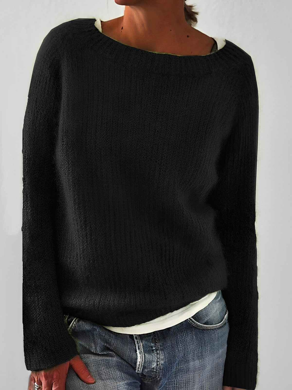 Women's Fluffy Knit Jumper with Wide Round Neckline, Black, view 4