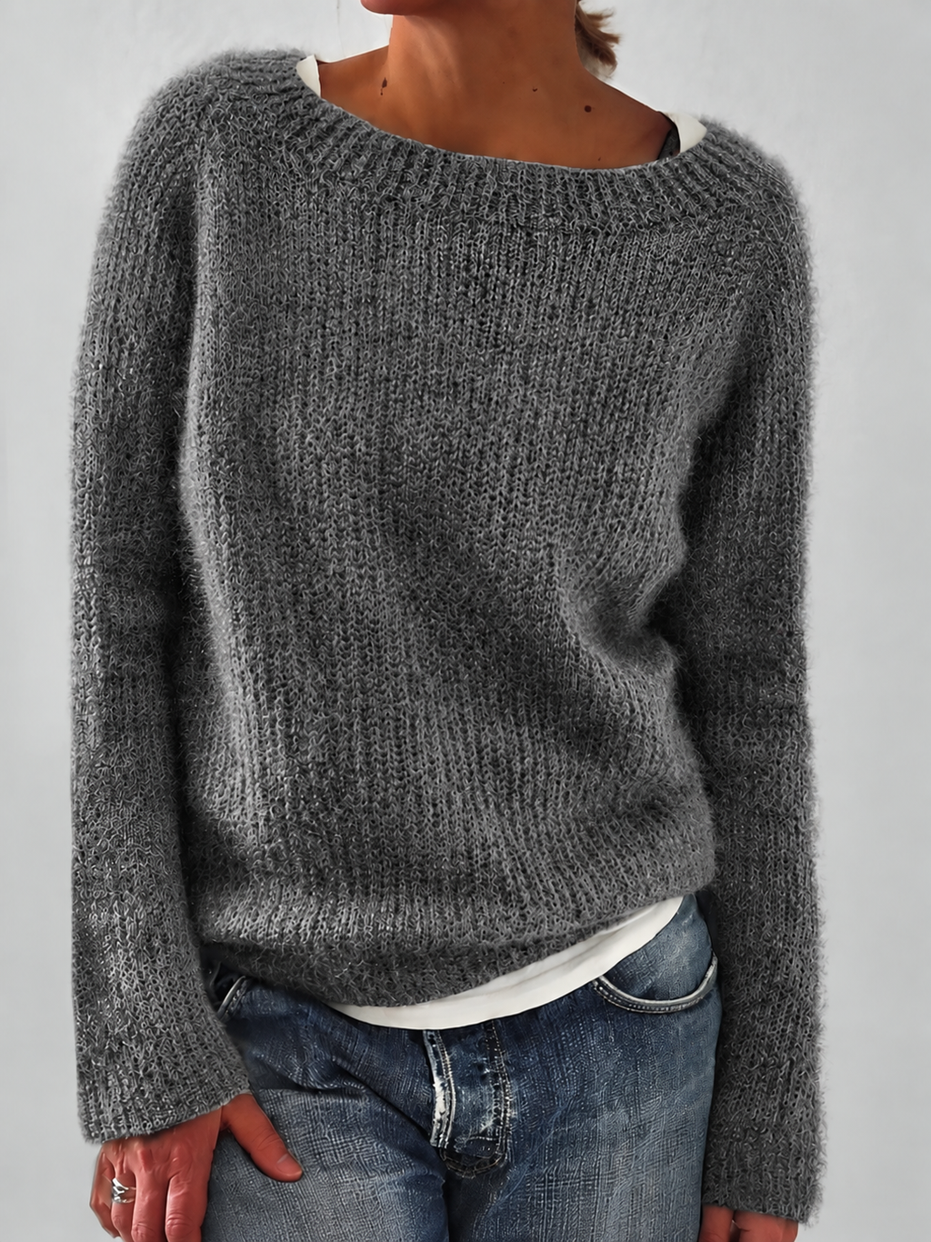 Women's Fluffy Knit Jumper with Wide Round Neckline, Grey, view 5