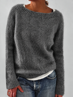 Women's Fluffy Knit Jumper with Wide Round Neckline, Grey, view 5