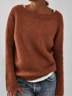 Women's Fluffy Knit Jumper with Wide Round Neckline, Brown, view 7