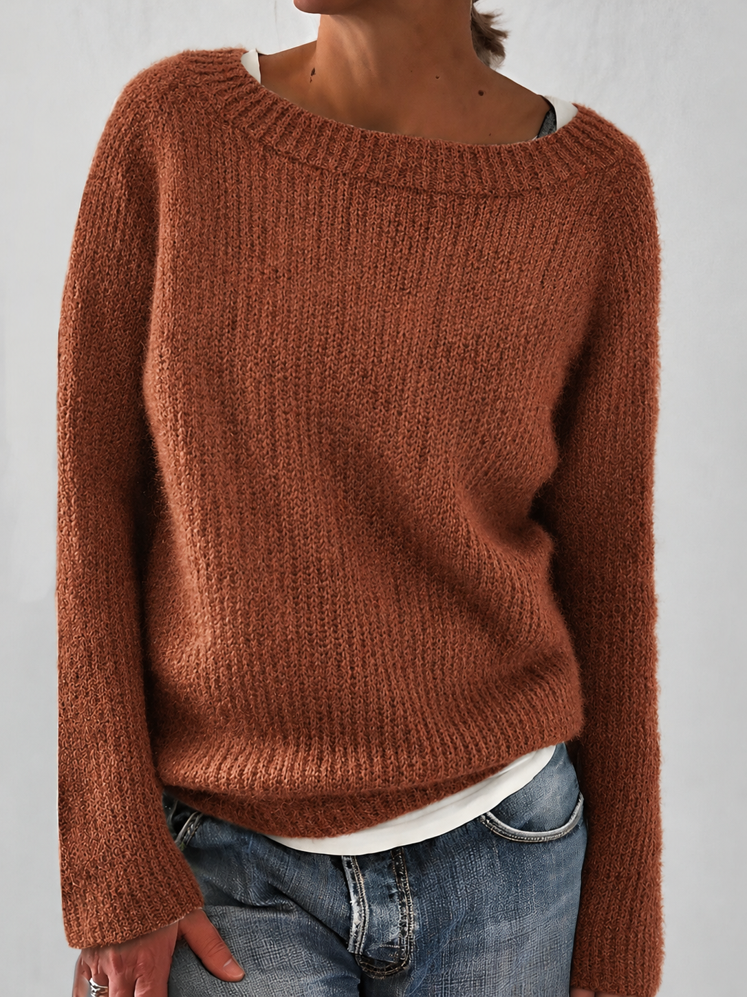 Women's Fluffy Knit Jumper with Wide Round Neckline, Brown, view 7