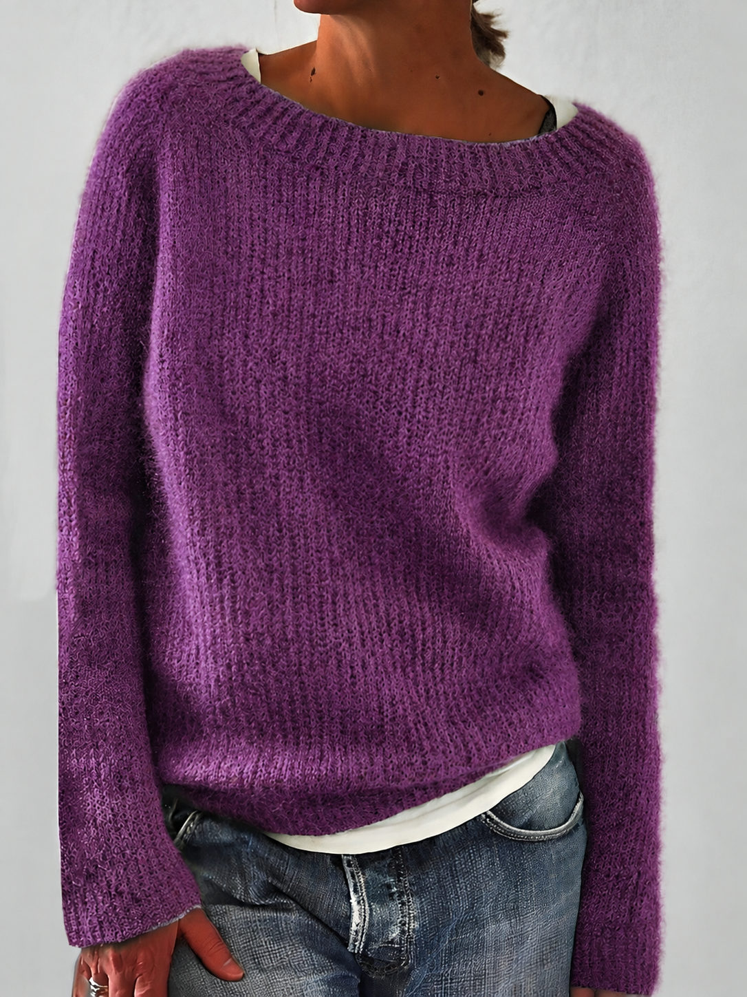 Women's Fluffy Knit Jumper with Wide Round Neckline, Pink, view 8