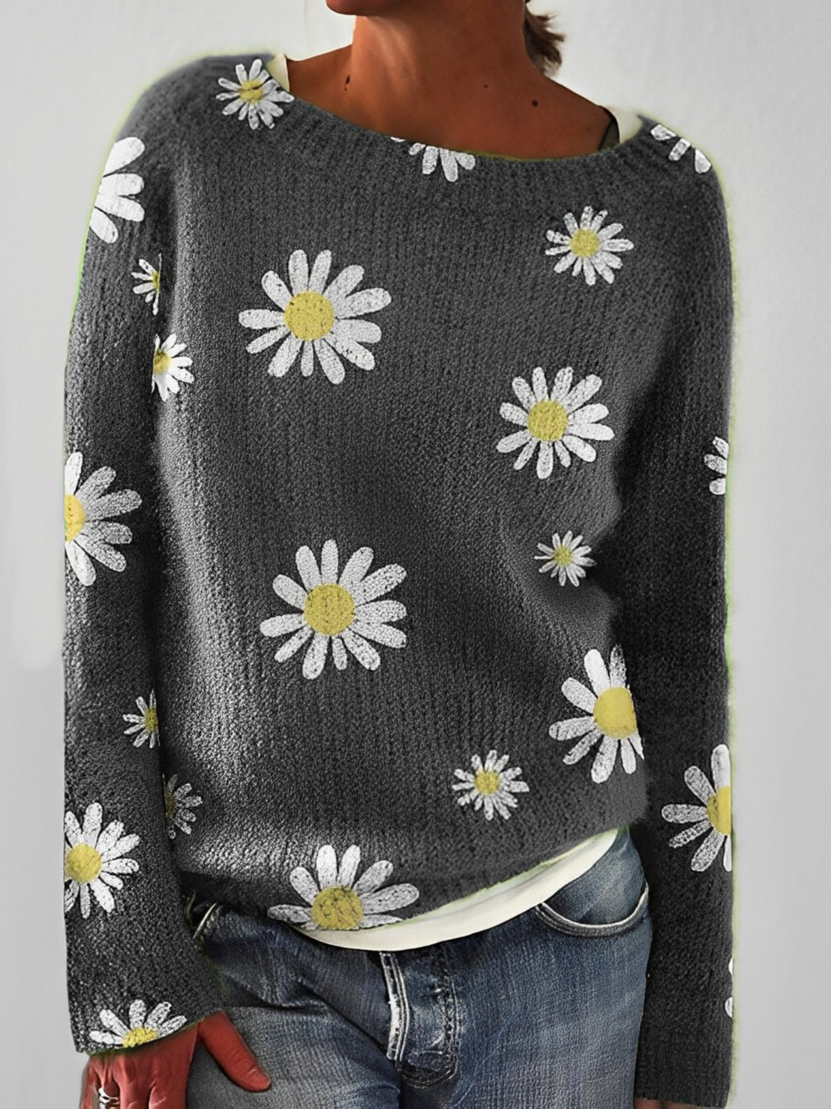 Women's Fluffy Knit Jumper with Wide Round Neckline, Dark Grey, view 9