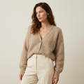 Women's Fluffy Knit V-Neck Cardigan with Volume Sleeves, Beige, view 1