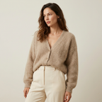 Women's Fluffy Knit V-Neck Cardigan with Volume Sleeves, Beige, view 1