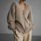 Women's Fluffy Knit V-Neck Cardigan with Volume Sleeves, view 2