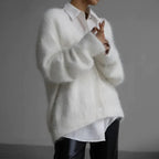 Women's Fluffy Knit V-Neck Cardigan with Volume Sleeves, White, view 3