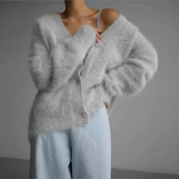Women's Fluffy Knit V-Neck Cardigan with Volume Sleeves, Light Grey, view 4