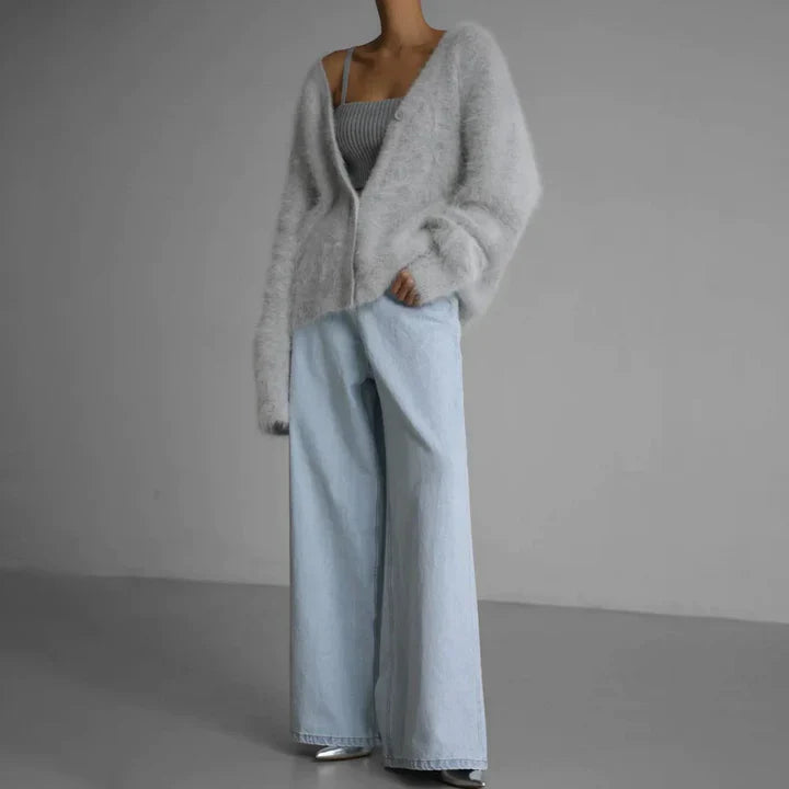 Women's Fluffy Knit V-Neck Cardigan with Volume Sleeves, view 5