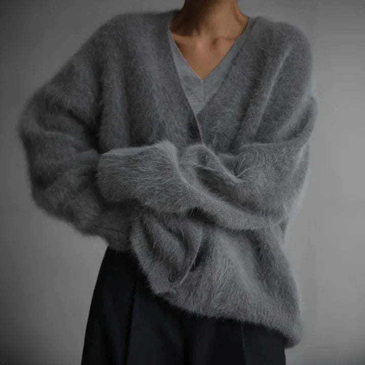 Women's Fluffy Knit V-Neck Cardigan with Volume Sleeves, Grey, view 6