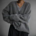 Women's Fluffy Knit V-Neck Cardigan with Volume Sleeves, Grey, view 6
