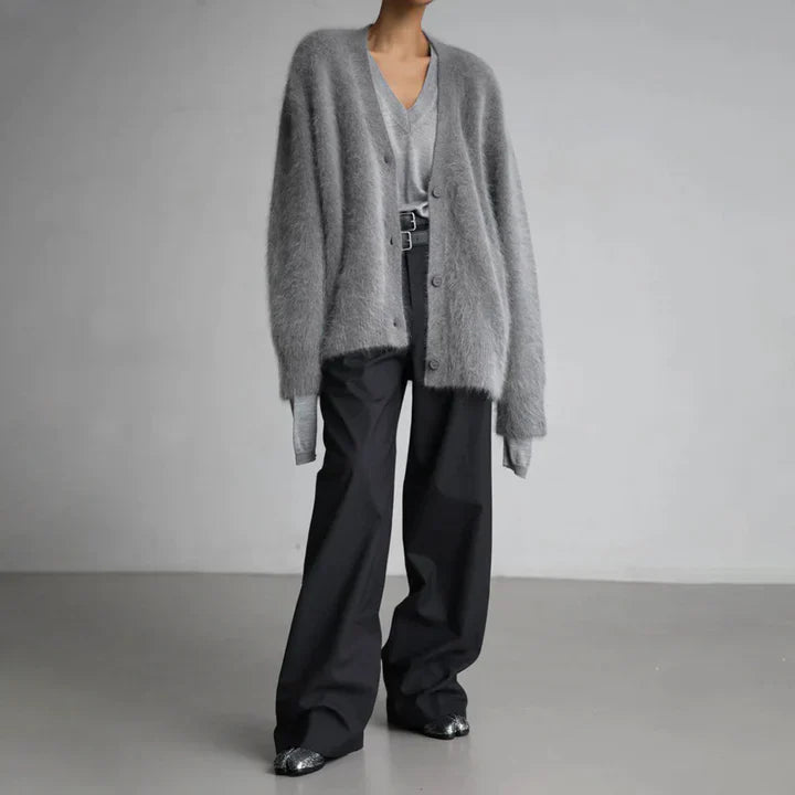 Women's Fluffy Knit V-Neck Cardigan with Volume Sleeves, view 7