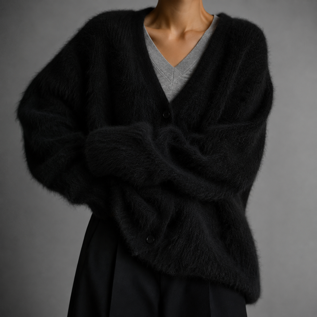 Women's Fluffy Knit V-Neck Cardigan with Volume Sleeves, Black, view 8