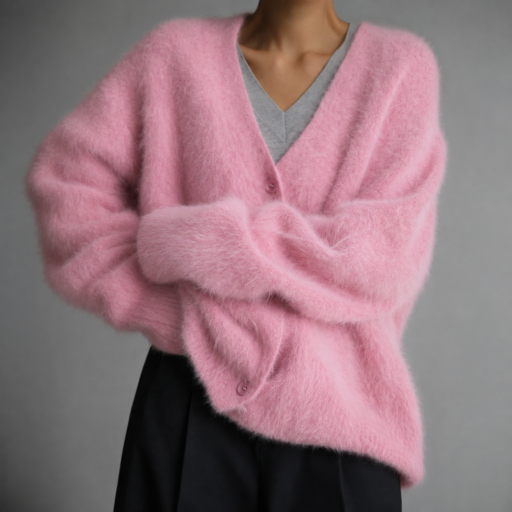 Women's Fluffy Knit V-Neck Cardigan with Volume Sleeves, Pink, view 9