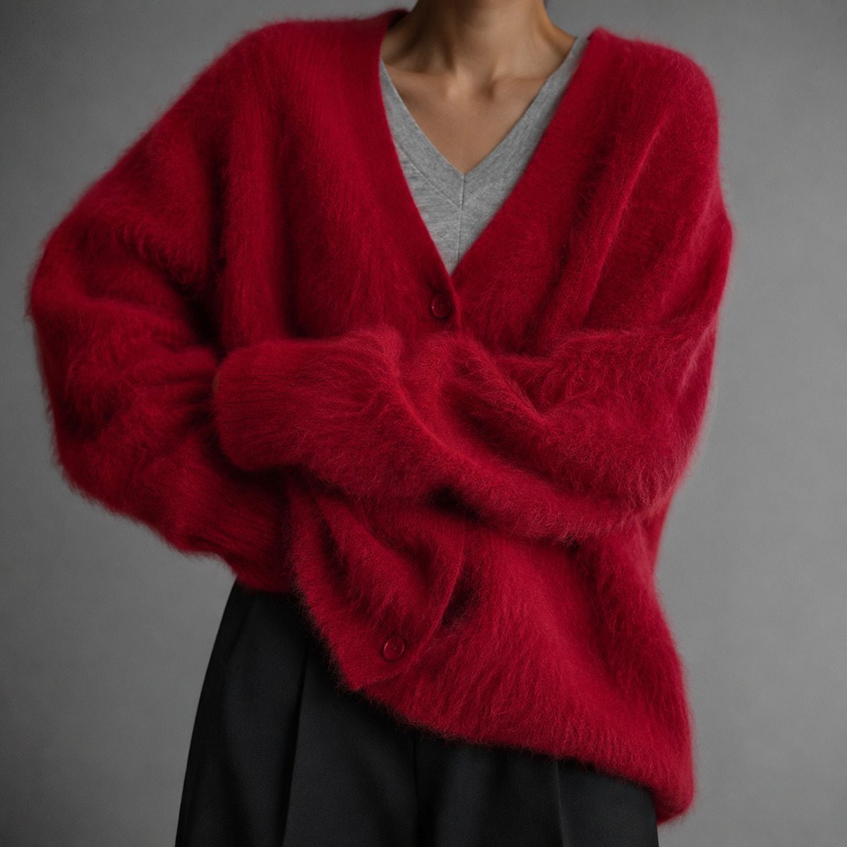 Women's Fluffy Knit V-Neck Cardigan with Volume Sleeves, Red, view 10