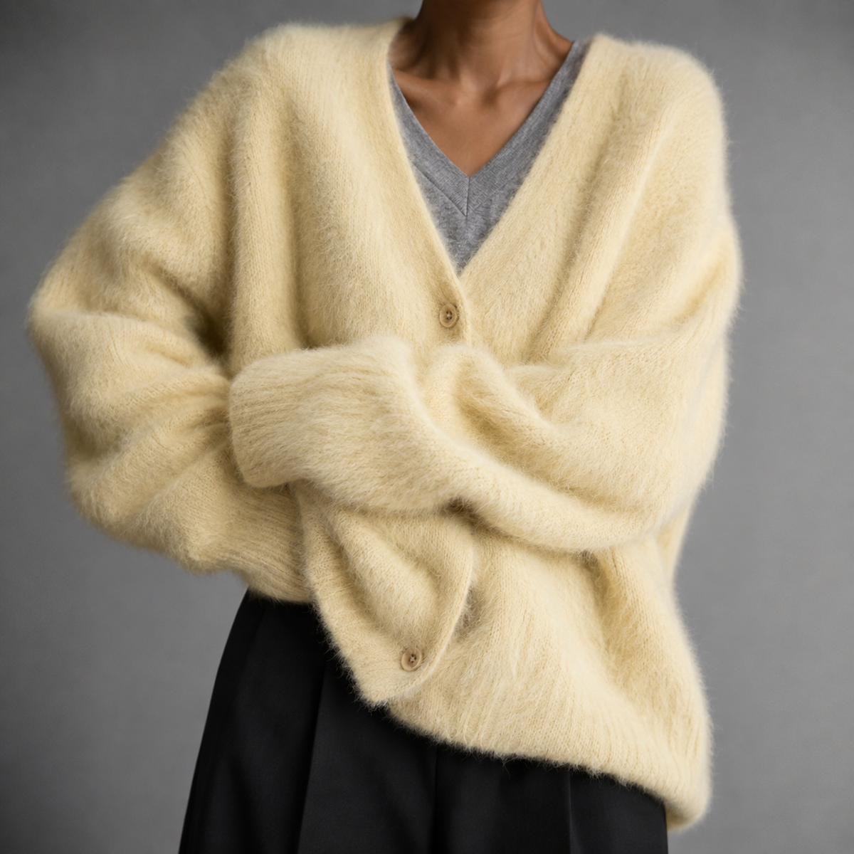Women's Fluffy Knit V-Neck Cardigan with Volume Sleeves, Yellow, view 11
