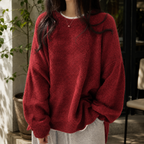 Women's Fluffy Oversized Jumper with Dropped Shoulders, Red, view 3