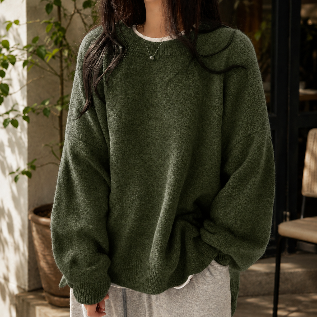 Women's Fluffy Oversized Jumper with Dropped Shoulders, Green, view 4