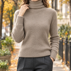 Women's Fluffy Turtleneck Jumper with Ribbed Cuffs, Khaki, view 1