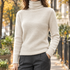 Women's Fluffy Turtleneck Jumper with Ribbed Cuffs, Beige, view 5