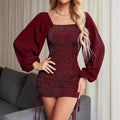 Women's Glitter Bodycon Mini Dress with Puff Sleeves, Wine Red, view 1