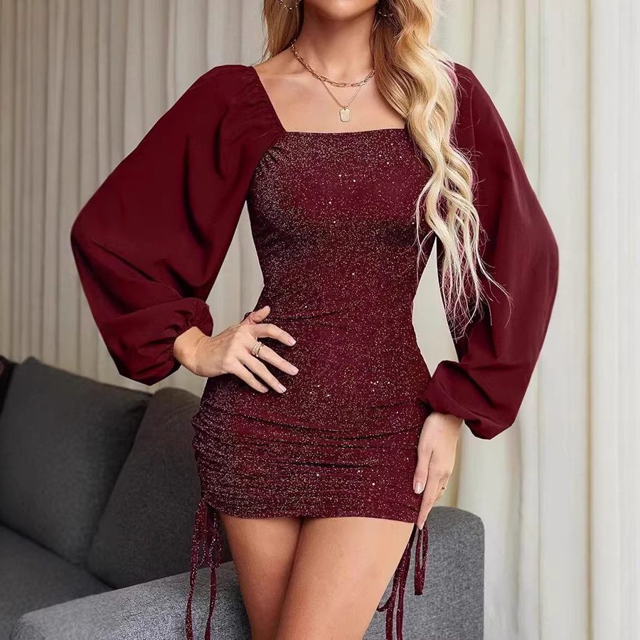 Women's Glitter Bodycon Mini Dress with Puff Sleeves, Wine Red, view 1