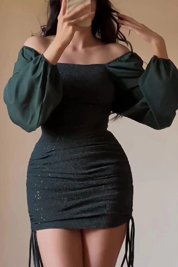 Women's Glitter Bodycon Mini Dress with Puff Sleeves, Olive Green, view 4