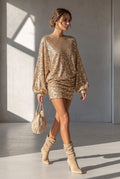 Women's Gold Sequin Mini Dress with Puff Sleeves, Gold, view 1