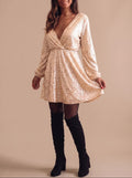 Women's Gold Sequin Wrap Mini Dress with Long Sleeves, Gold, view 1