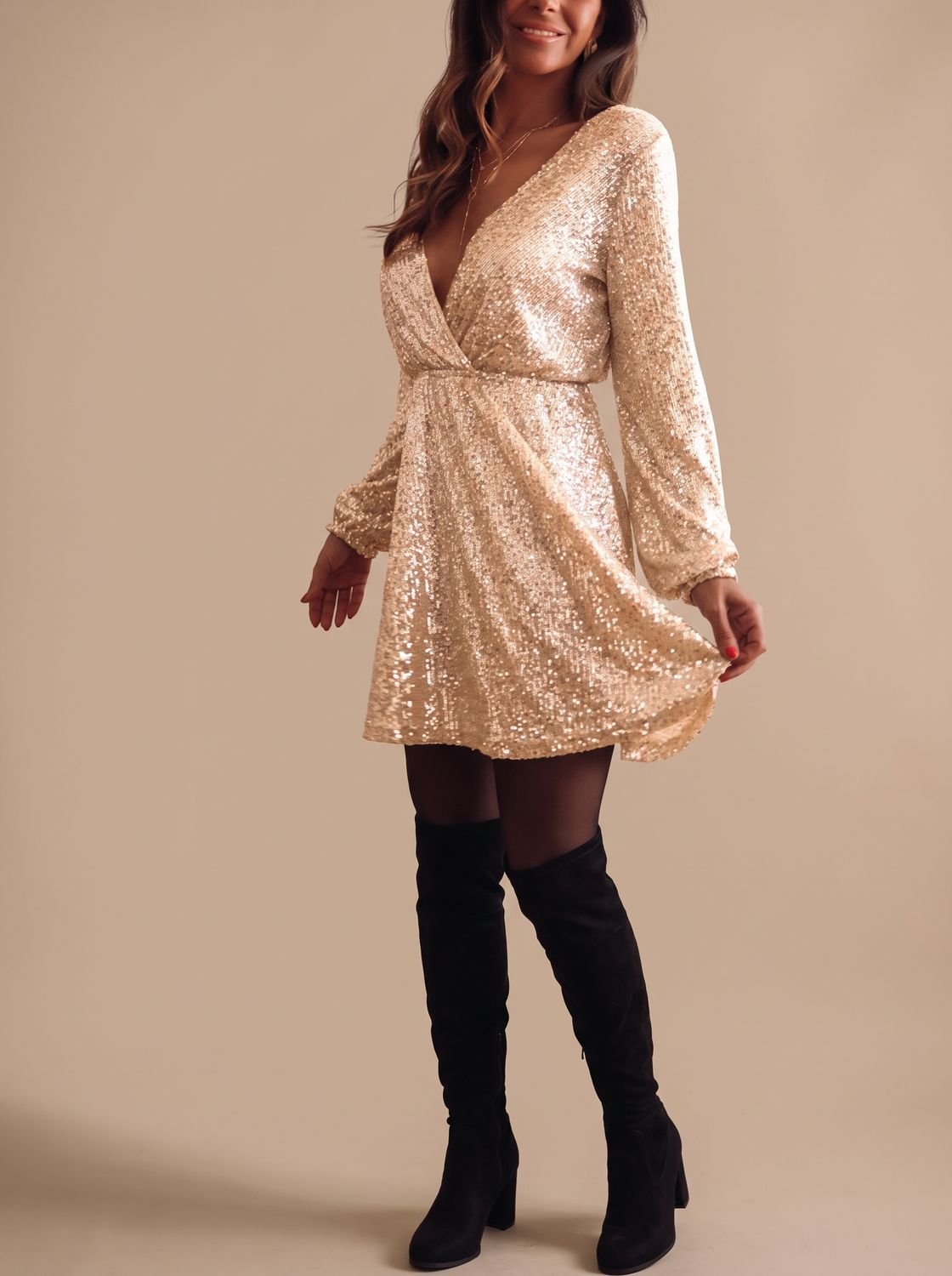Women's Gold Sequin Wrap Mini Dress with Long Sleeves, view 2