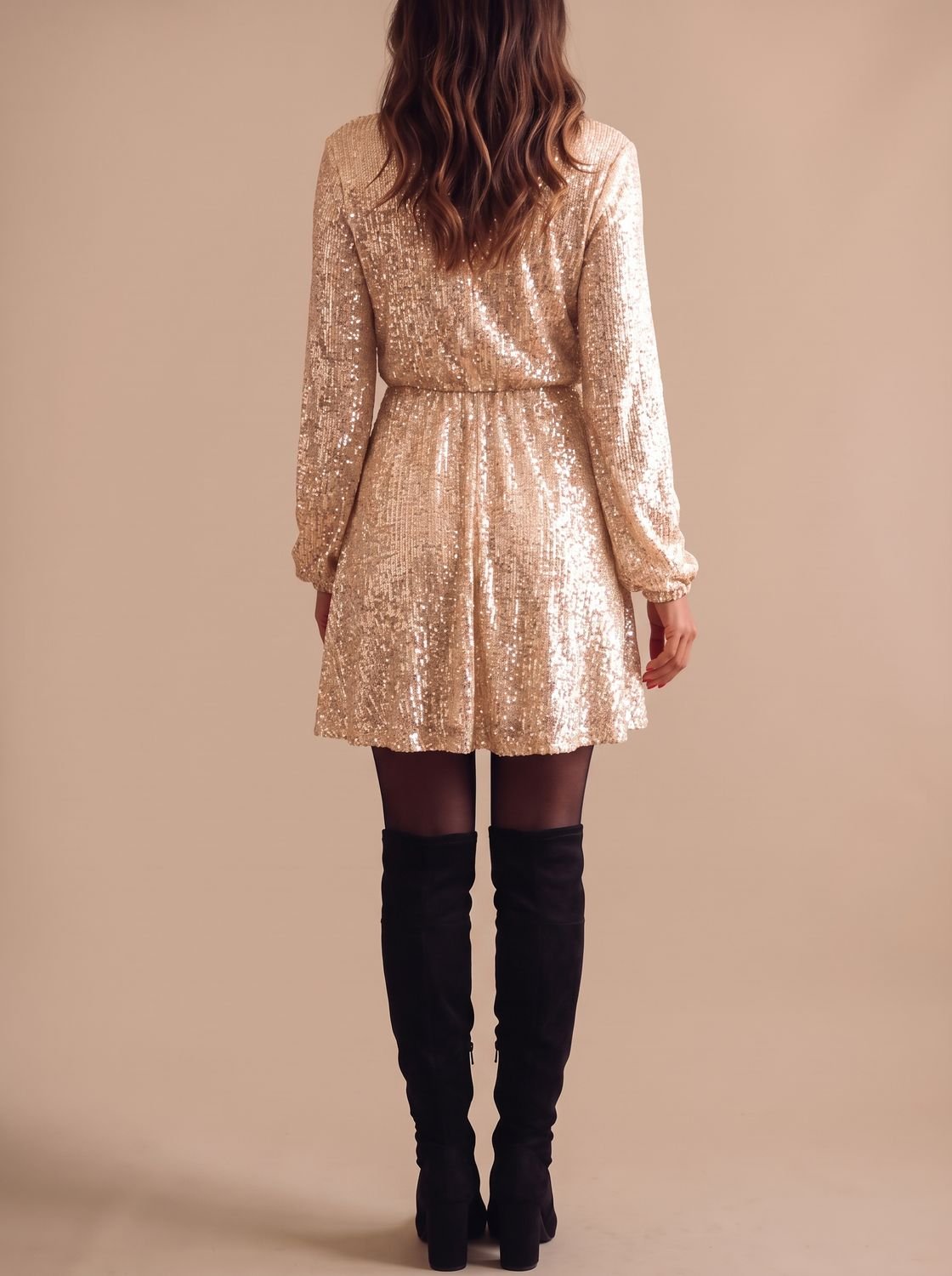 Women's Gold Sequin Wrap Mini Dress with Long Sleeves, view 3