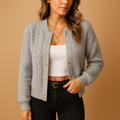 Women's Grey Cable Knit Cardigan with Gold Snap Buttons, Grey, view 1
