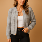 Women's Grey Cable Knit Cardigan with Gold Snap Buttons, Grey, view 1