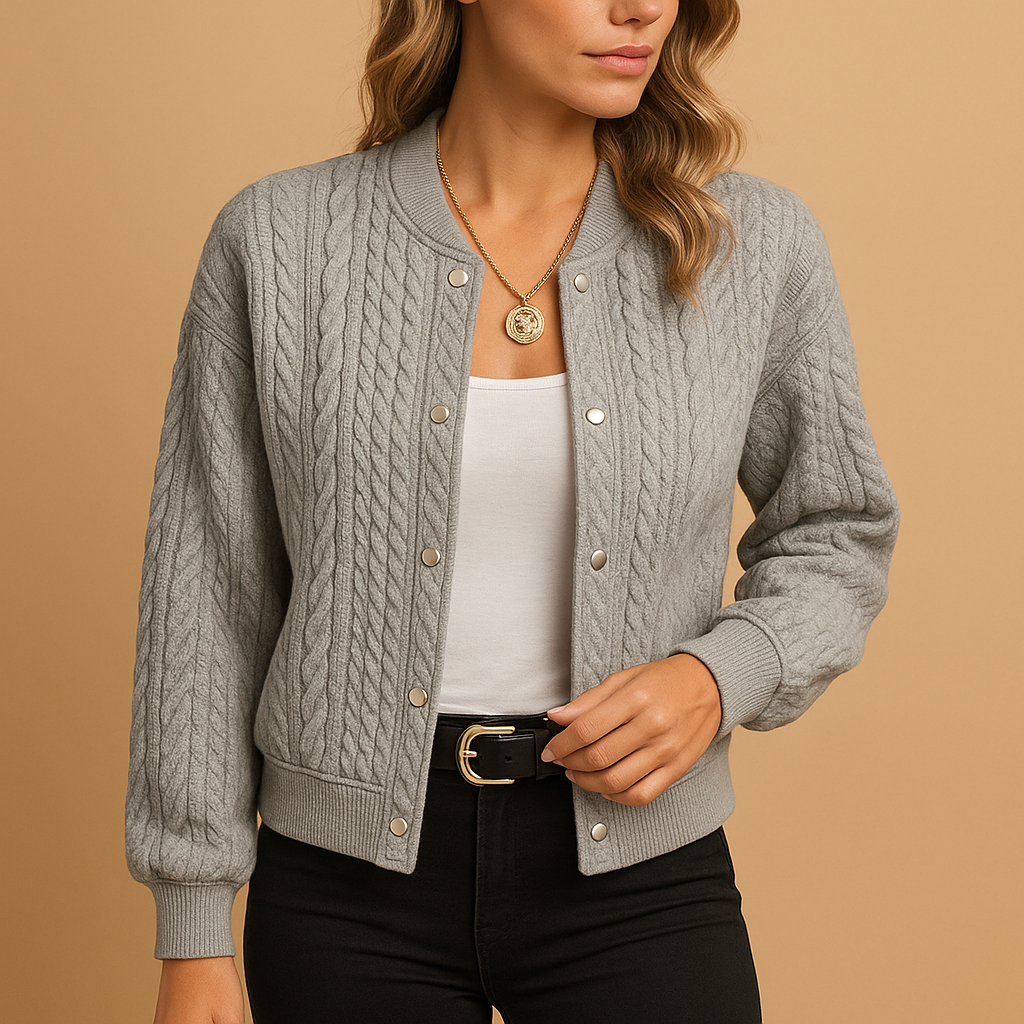 Women's Grey Cable Knit Cardigan with Gold Snap Buttons, view 2
