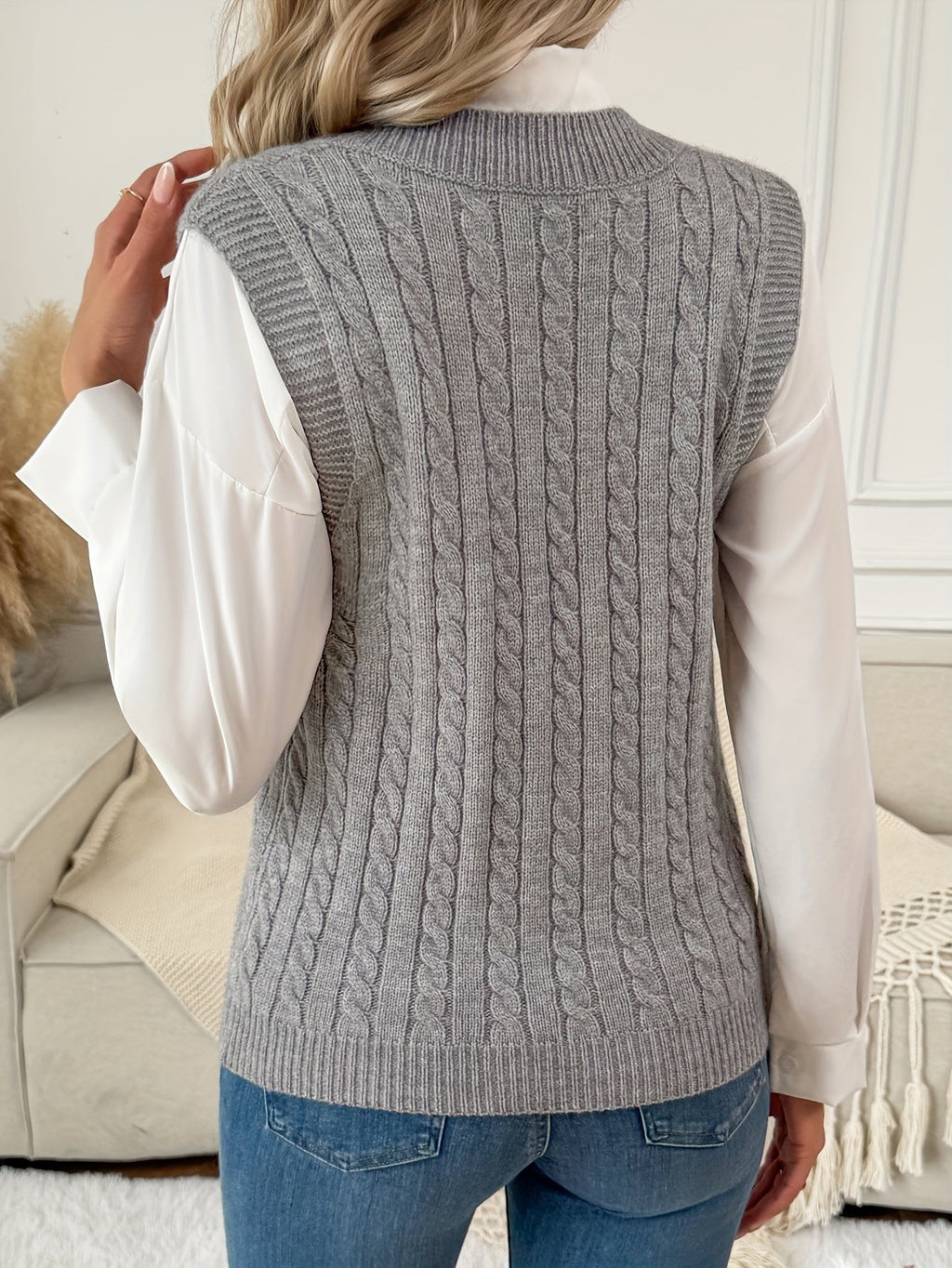 Women's Grey Cable Knit Jumper Vest with V-Neck, view 2