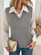 Women's Grey Cable Knit Jumper Vest with V-Neck, view 3