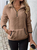 Women's Half-Zip Fleece Jumper with Kangaroo Pocket, Brown, view 1